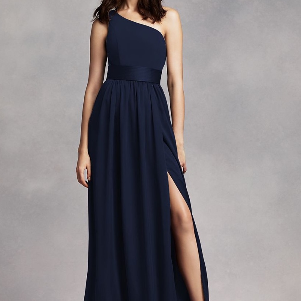 Vera wang one shoulder dress with satin sash.